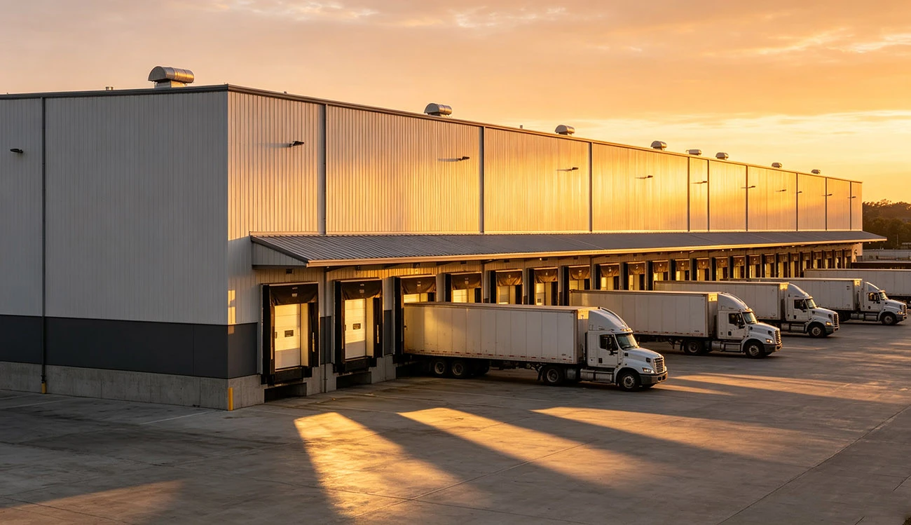Steel structure distribution center at sunset - logistics warehouse with docked trucks, PEB distribution facility Steel structure distribution center at sunset - logistics warehouse with docked trucks, PEB distribution facility