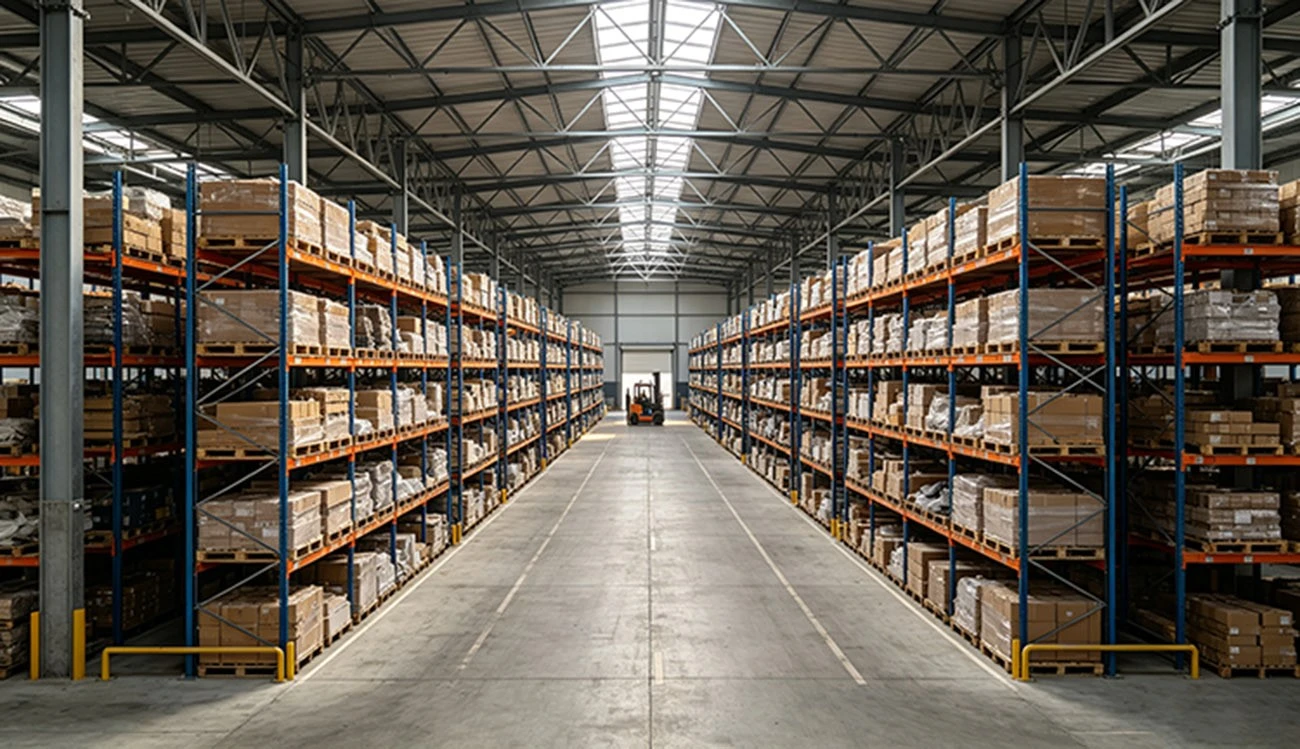 High-bay interior steel structure distribution center - pallet racking, clear span steel frame, natural skylight warehouse High-bay interior steel structure distribution center - pallet racking, clear span steel frame, natural skylight warehouse